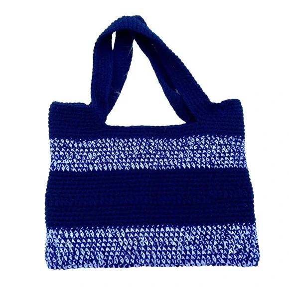 Crochet Blue & White Stripe Boho Tote Shoulder Bag - Picture 1 of 7